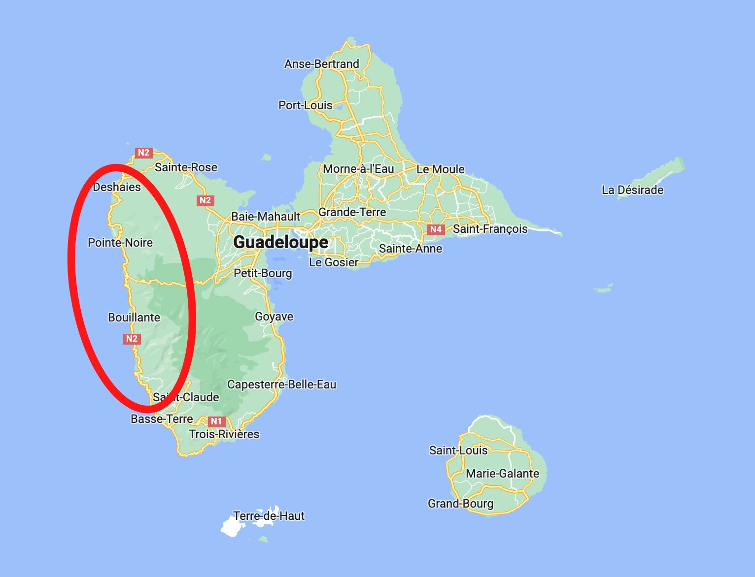 Carte des lieux ou dormir en Guadeloupe